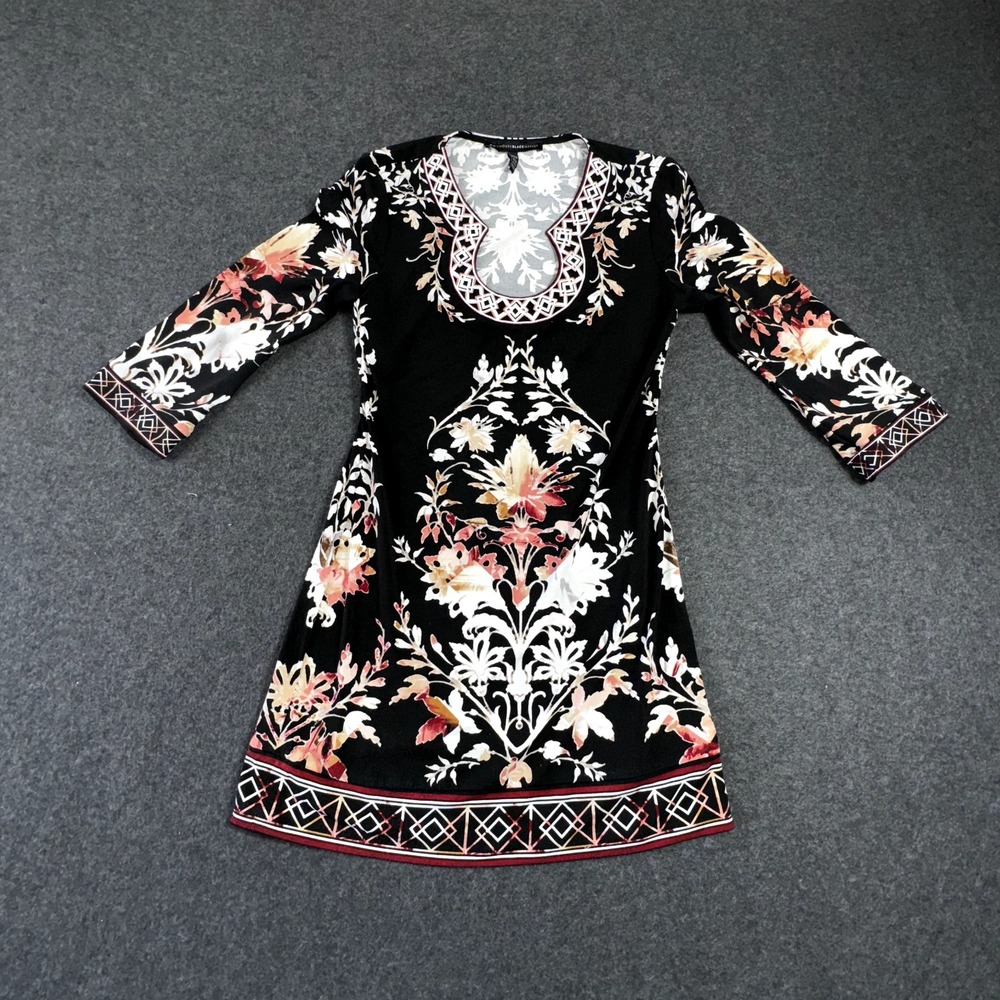 White House Black Market XXS Black Floral Medallion 3/4 Sleeve Tunic Mini Dress